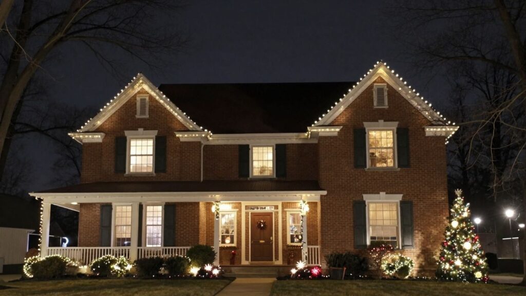 O'Fallon house with permanent Christmas lights glowing.