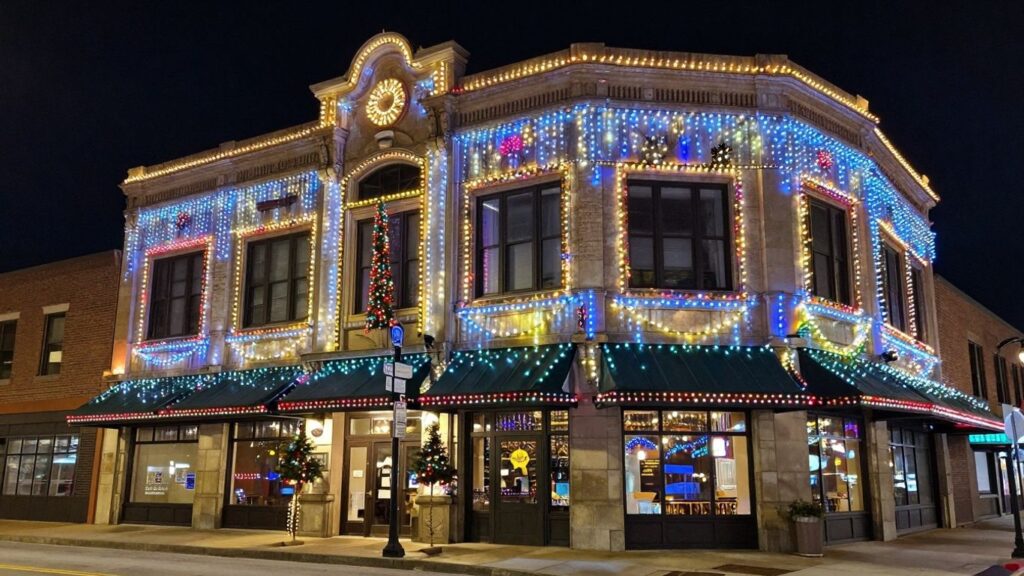 Commercial building in O'Fallon, MO decorated with Christmas lights.
