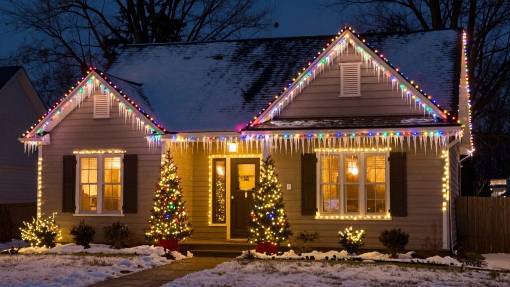 House decorated with colorful Christmas lights at dusk.