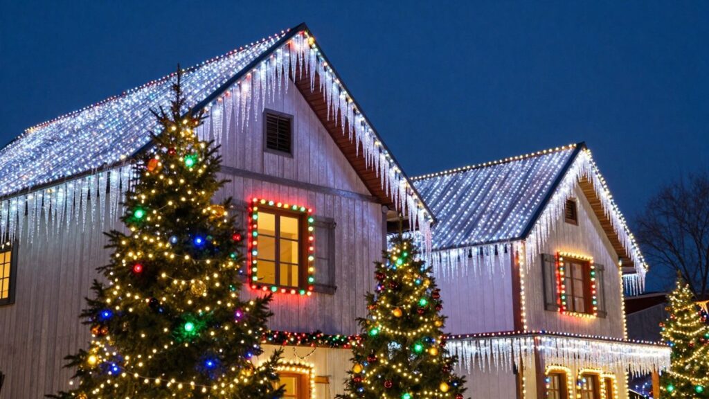 House decorated with bright Christmas lights at night.
