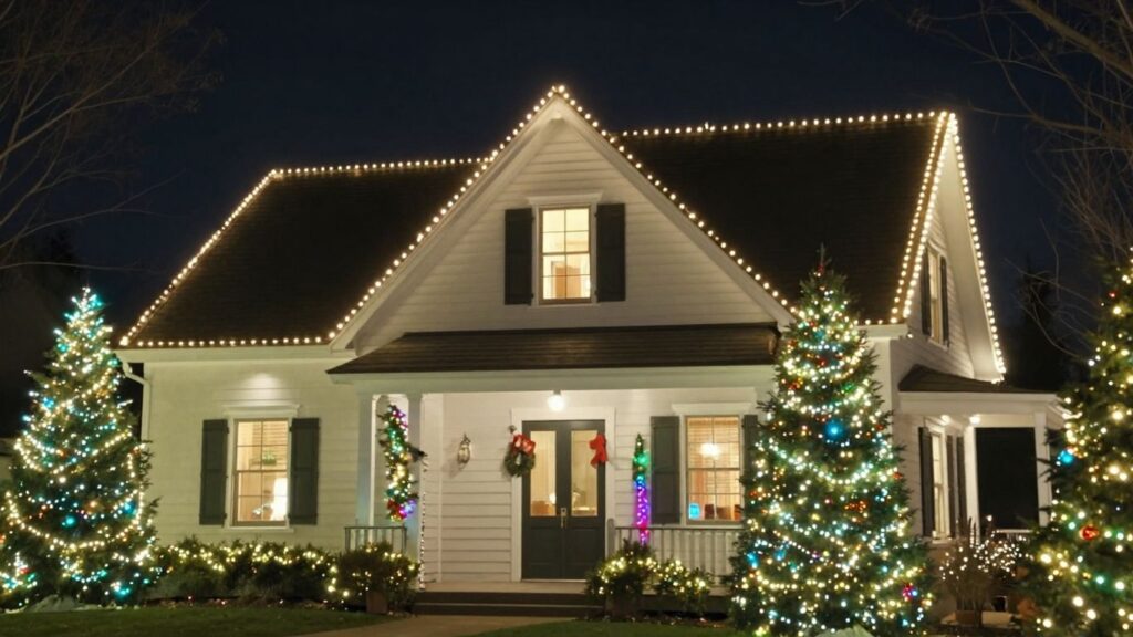 Professionally installed Christmas lights on a house exterior.