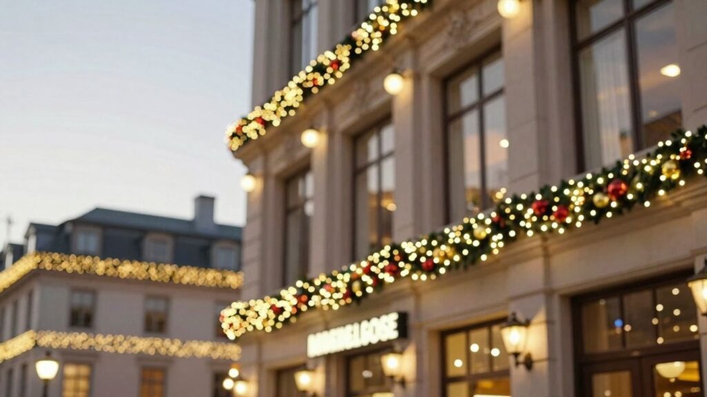 Commercial Christmas lights decorating a building at night.