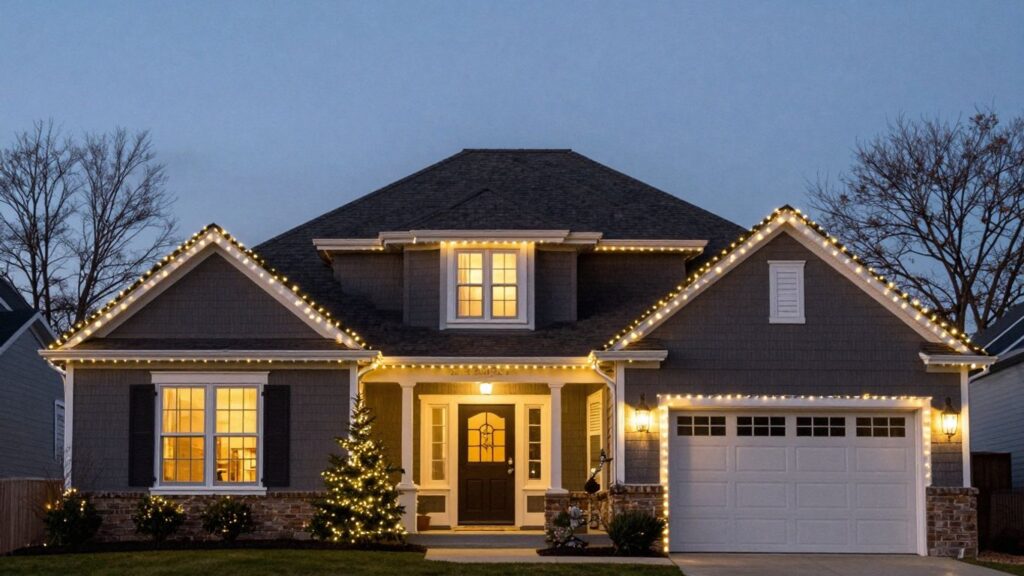House with permanent Christmas lights glowing at dusk.