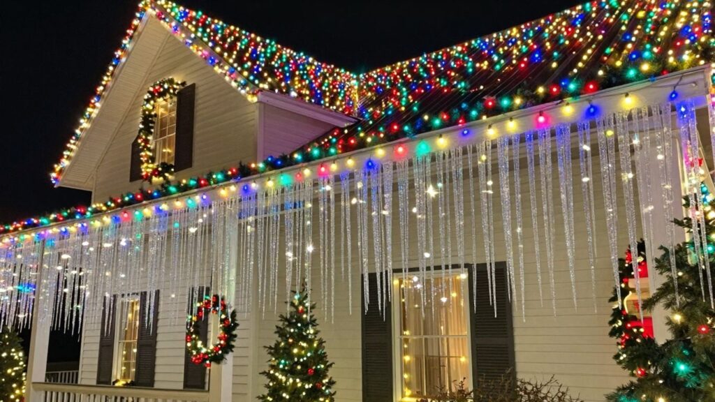 House decorated with colorful Christmas lights at night.