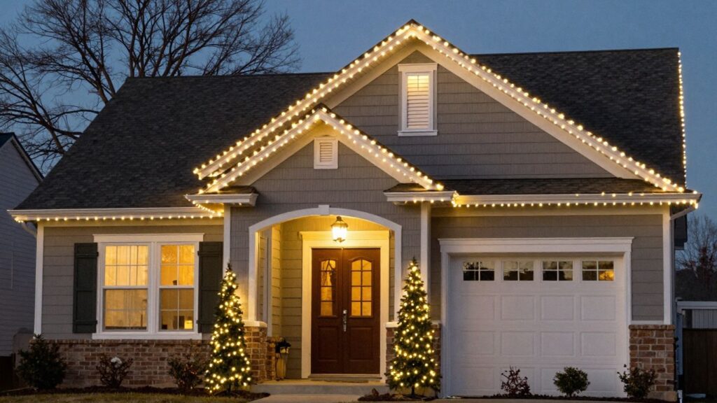 House with permanent Christmas lights installed.