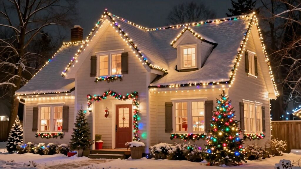 House decorated with colorful Christmas lights at night.