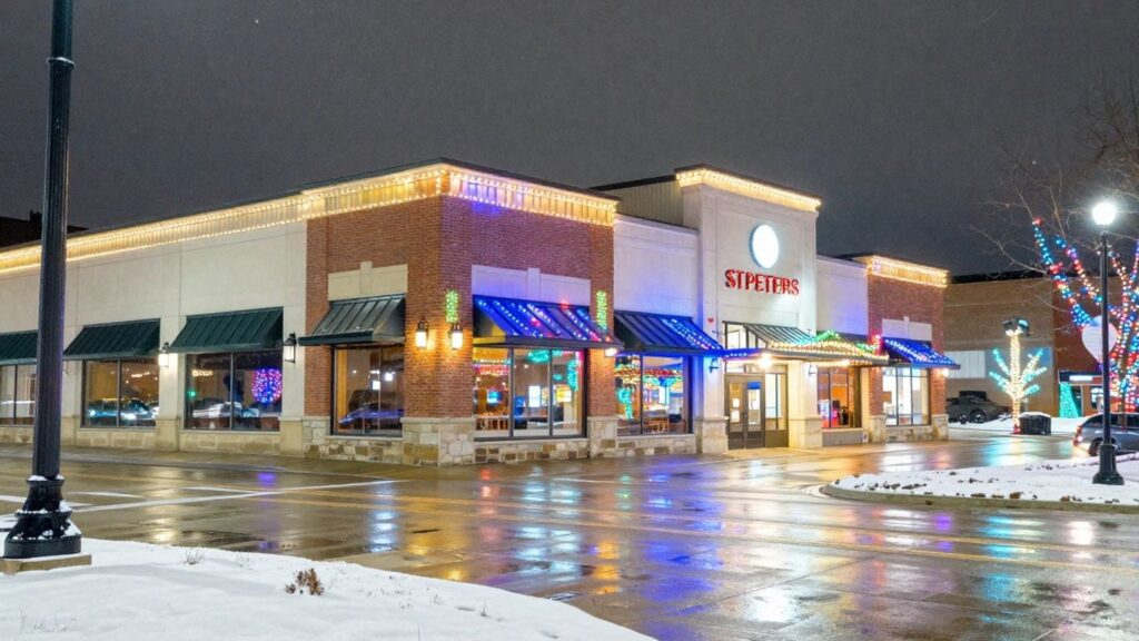 Commercial building decorated with Christmas lights in St. Peters, MO.