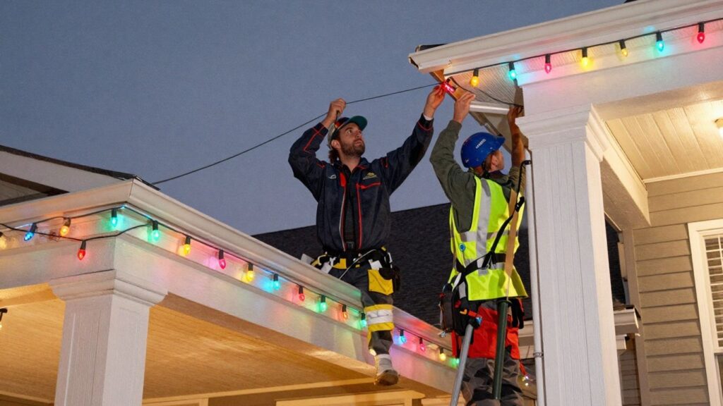 Professional Christmas lights installation on a house in Edwardsville.