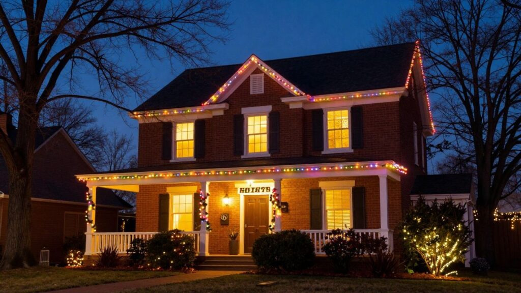 House decorated with bright Christmas lights in Edwardsville.