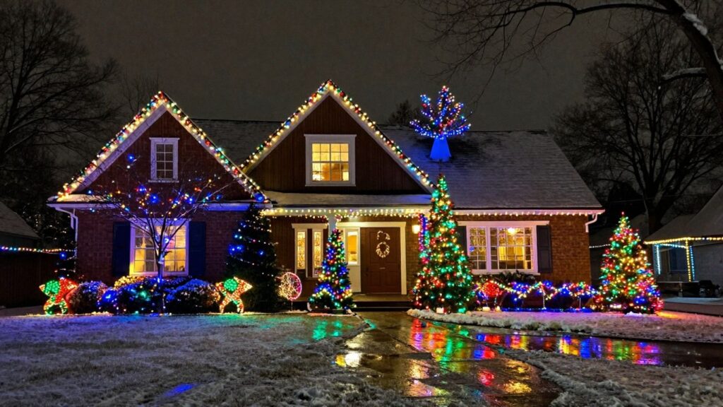 Oakville home decorated with bright Christmas lights.