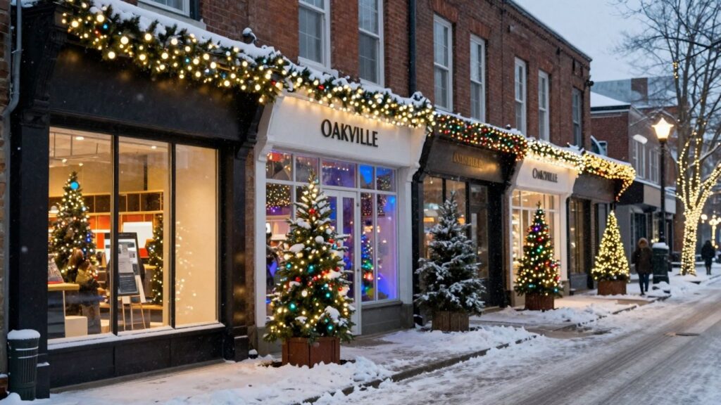 Festive commercial Christmas lights illuminate Oakville storefronts.