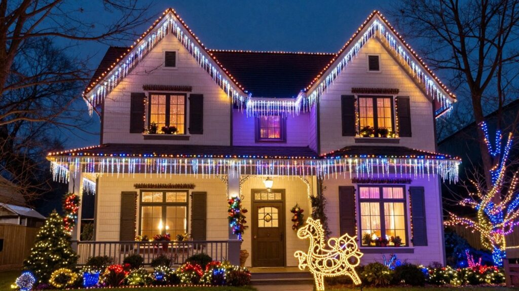 Festive house covered in dazzling Christmas lights at night.
