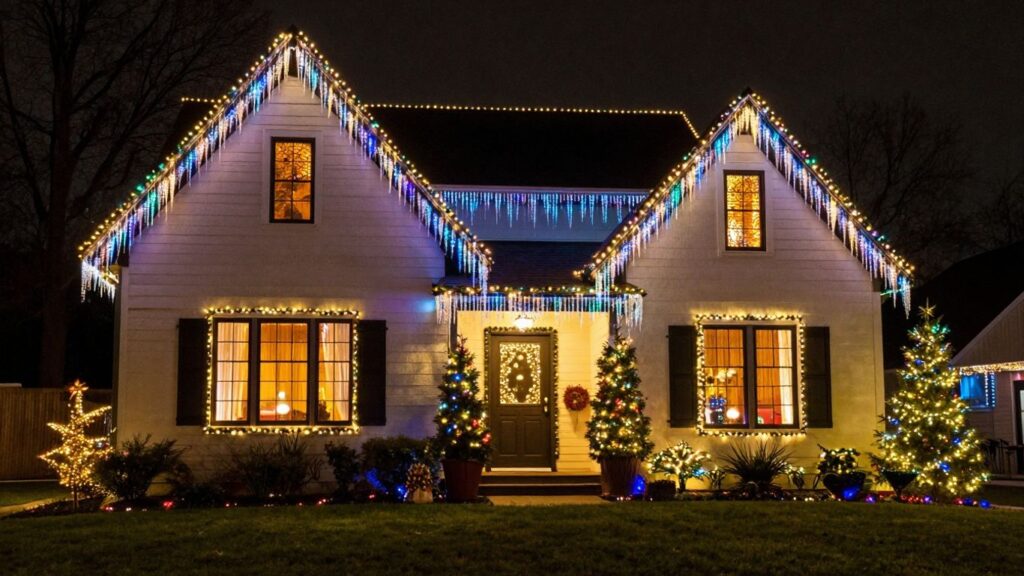 Festive Christmas lights illuminating a house exterior at night.