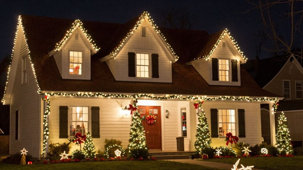 Professionally installed Christmas lights on a house exterior.