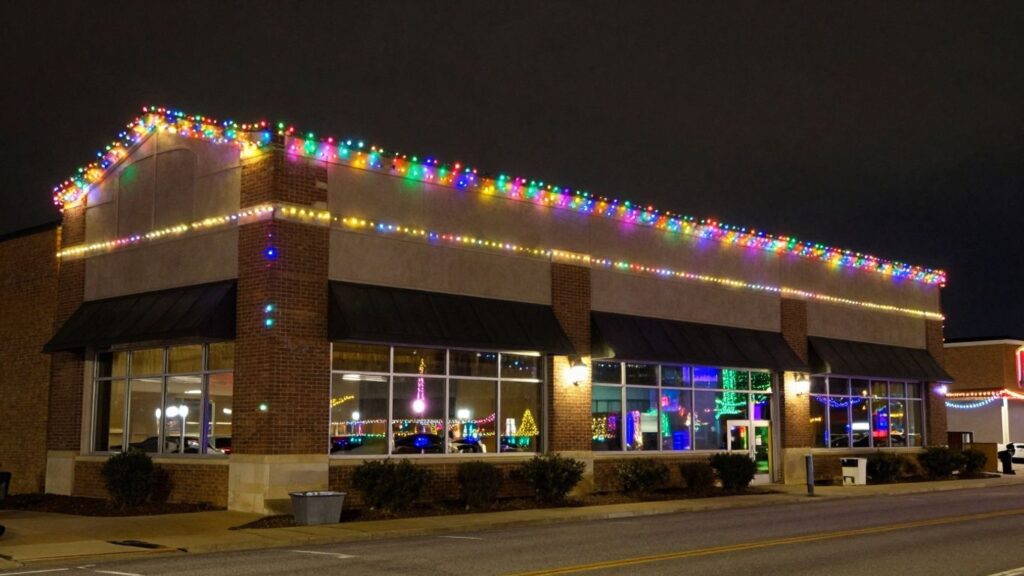 Commercial building decorated with bright Christmas lights.