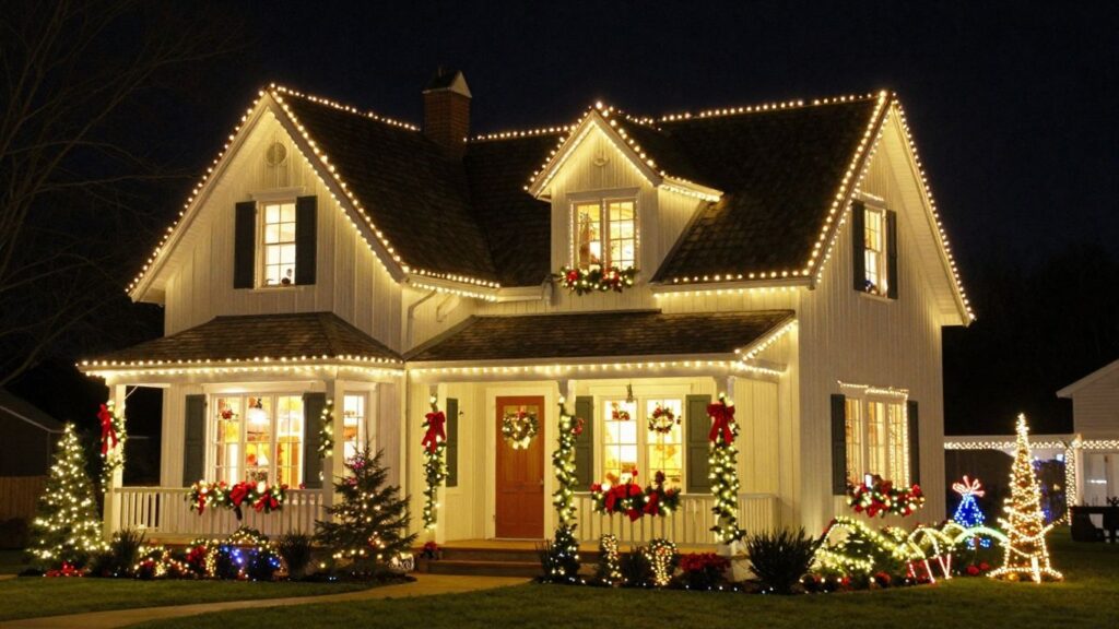 Professionally installed Christmas lights on a Glen Carbon home.