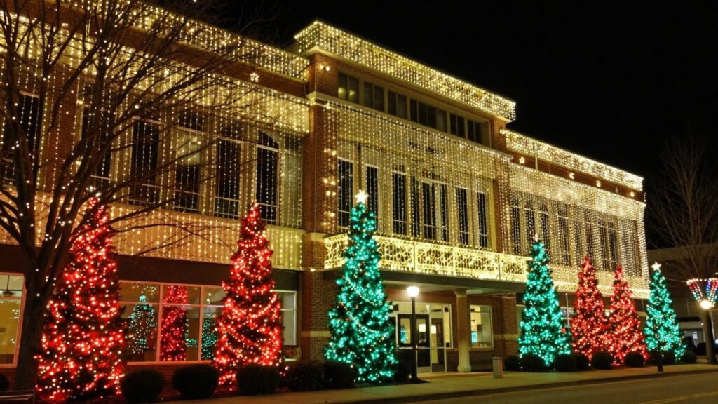 Commercial building in Glen Carbon decorated with Christmas lights.