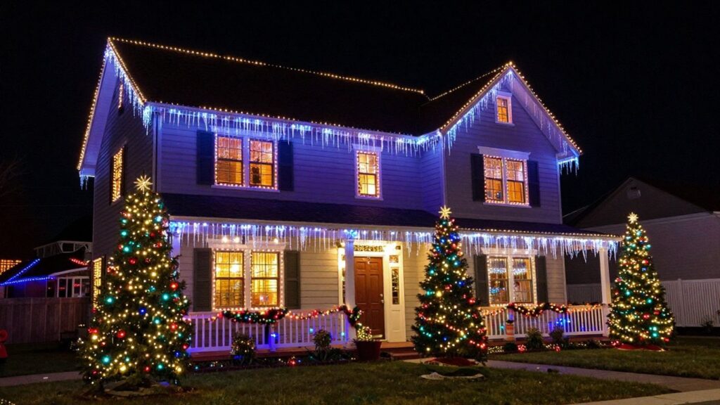 House decorated with colorful Christmas lights at night.