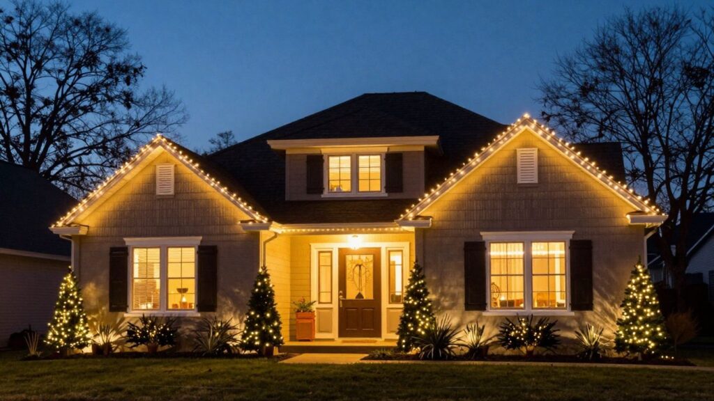 House with permanent Christmas lights glowing at dusk.