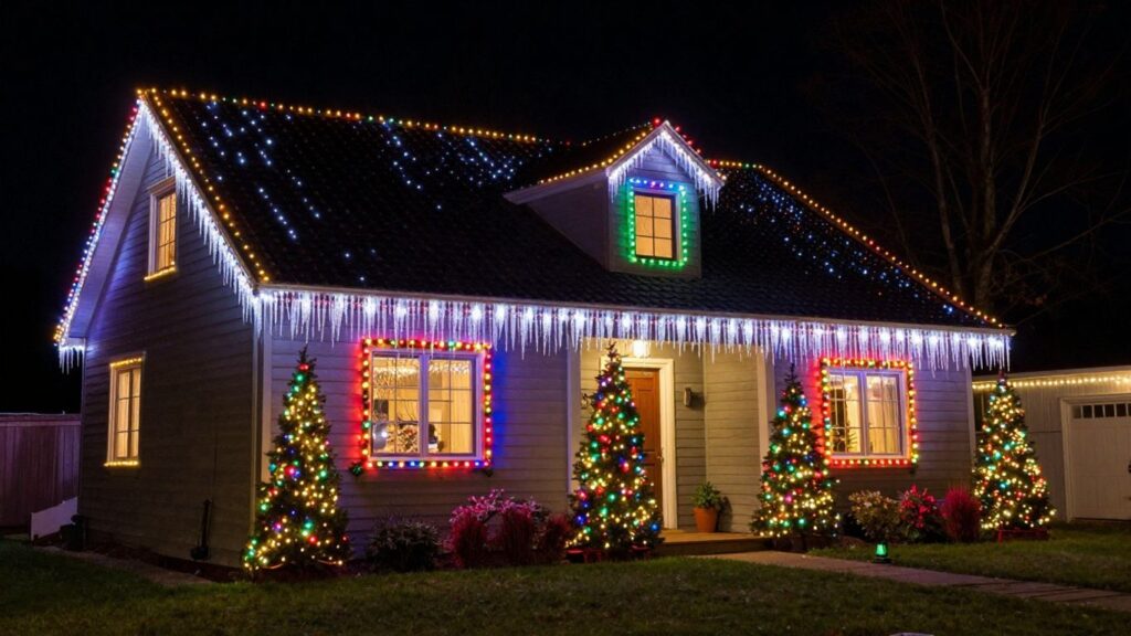 House decorated with colorful Christmas lights at night.
