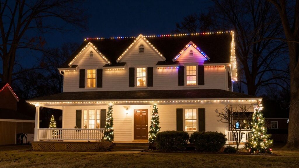 Professionally installed Christmas lights on a house in O'Fallon.