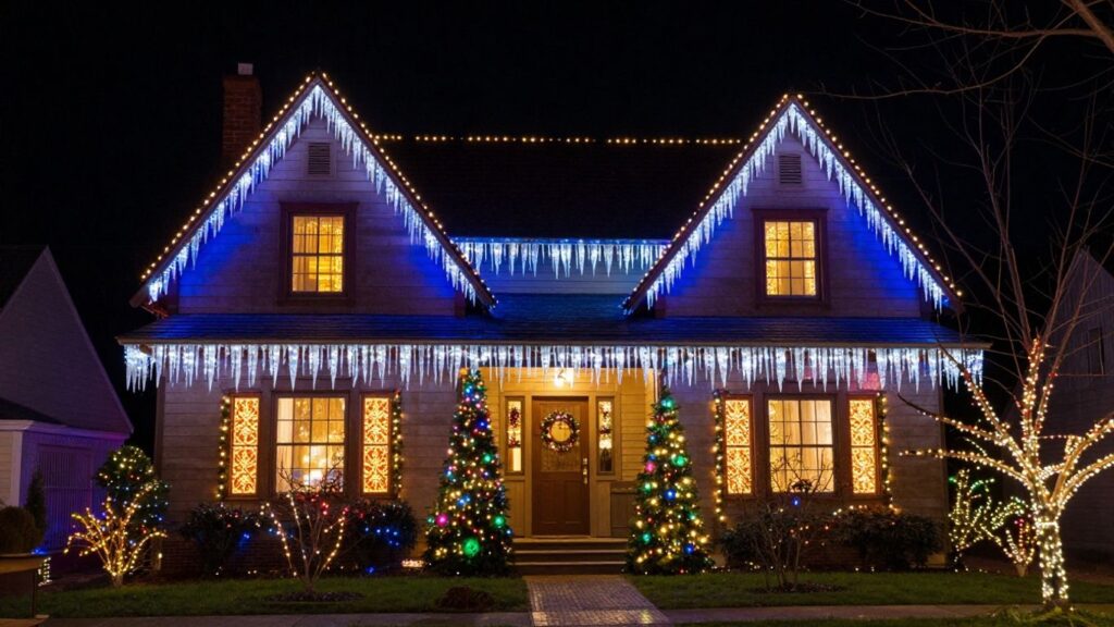 House decorated with bright Christmas lights in O'Fallon, IL.