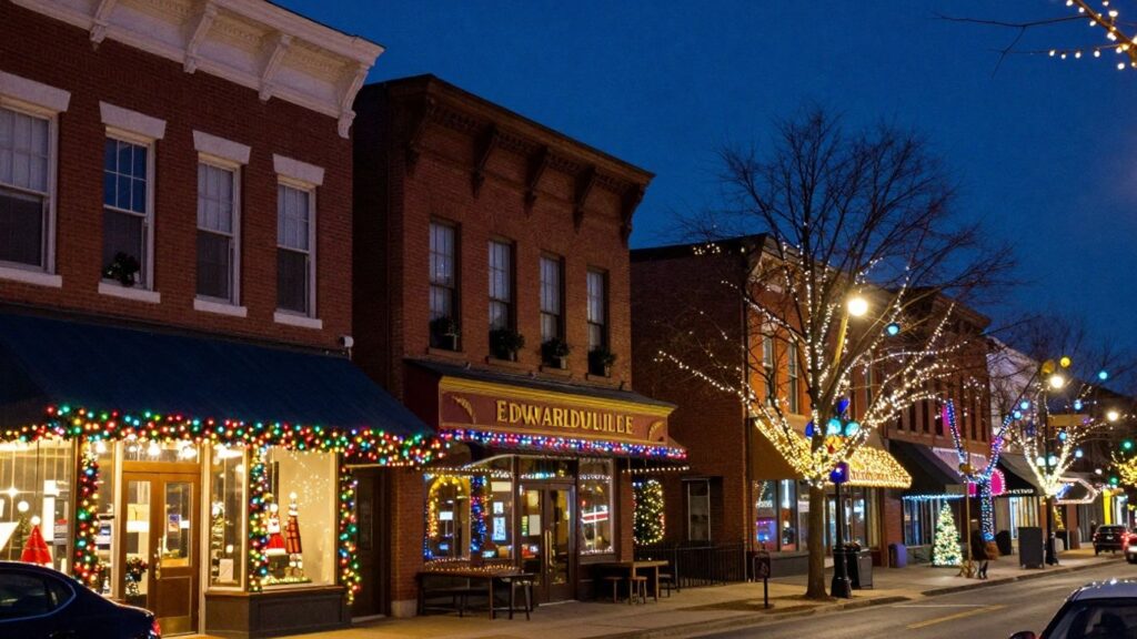 Edwardsville commercial buildings decorated with bright Christmas lights.
