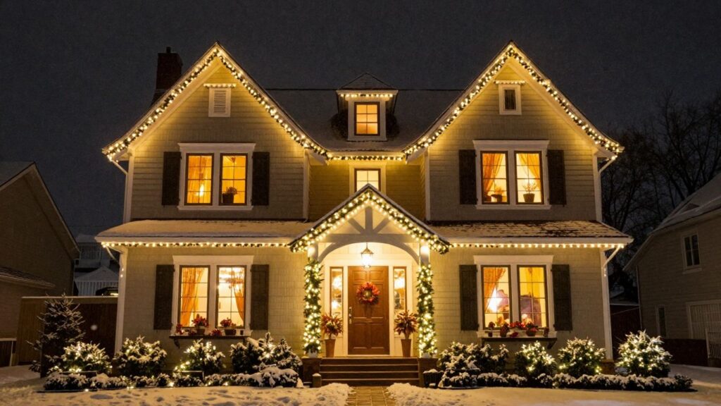 Festive house with permanent Christmas lights in O'Fallon, IL.