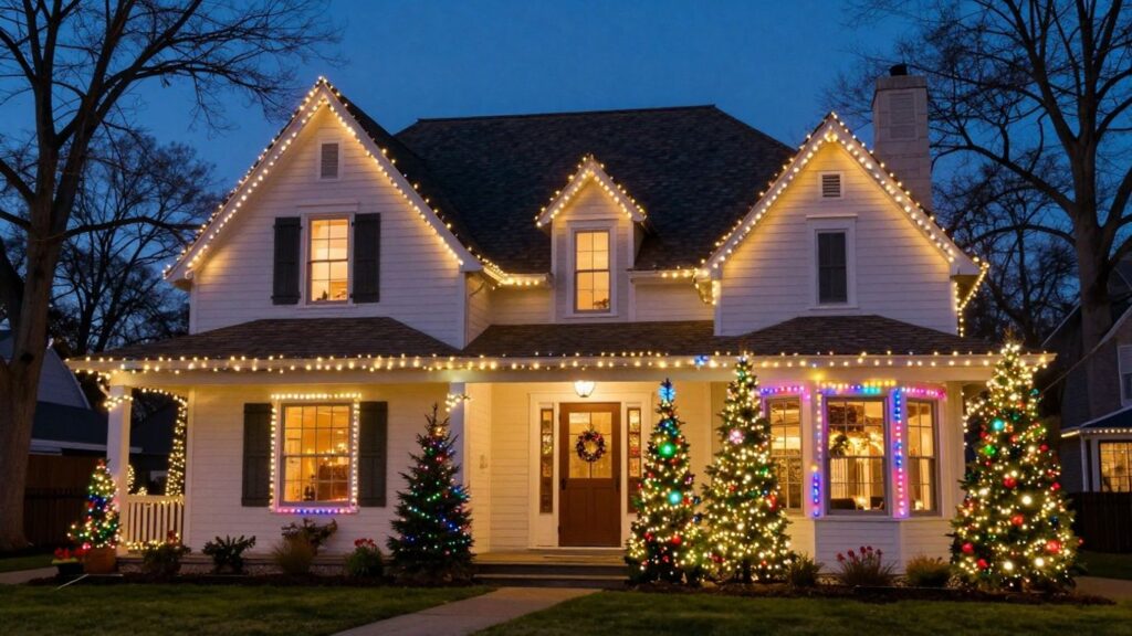 Professionally installed Christmas lights on a house exterior.