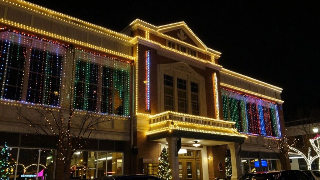 Commercial building illuminated with bright Christmas lights at night.
