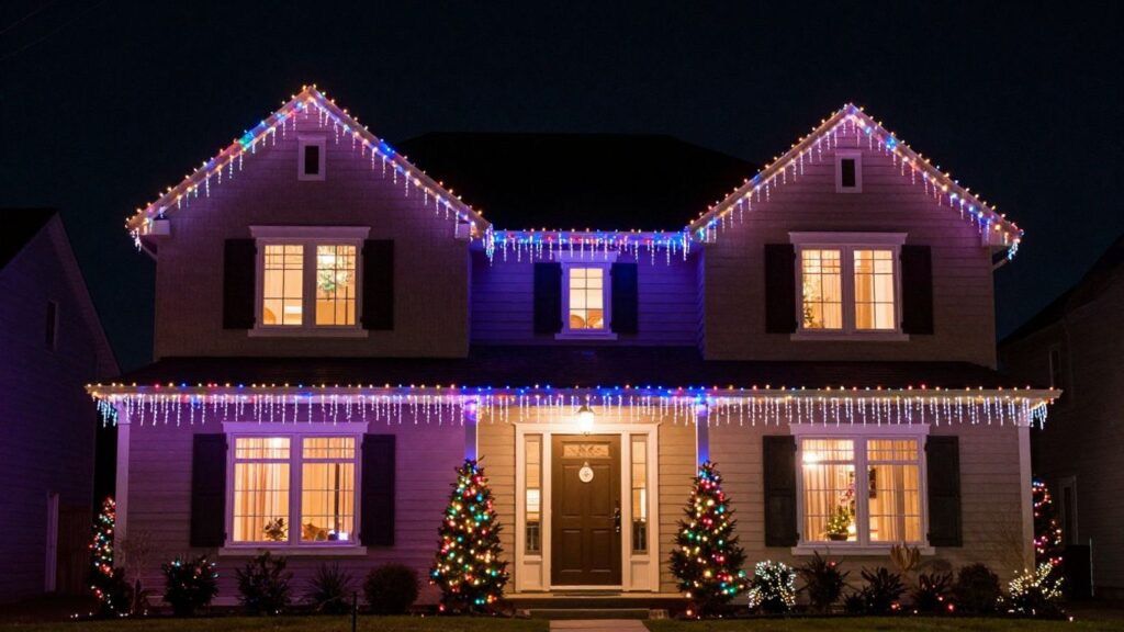 House with colorful Christmas lights installation.