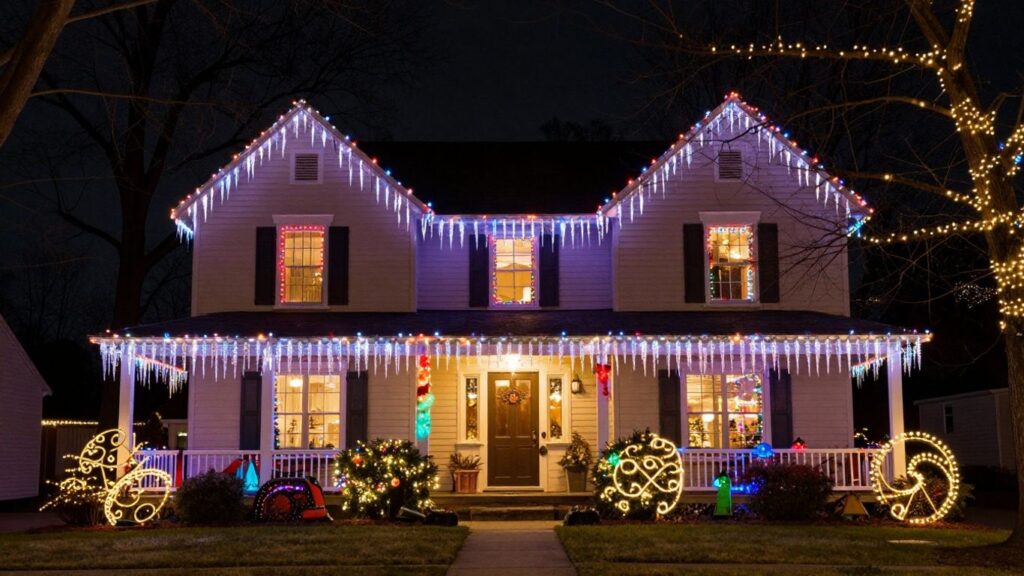 Festive Christmas lights illuminate a house in O'Fallon, IL.