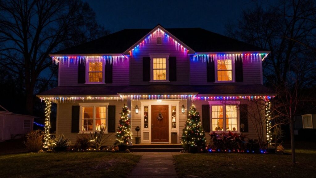 House decorated with colorful Christmas lights in O'Fallon, IL.