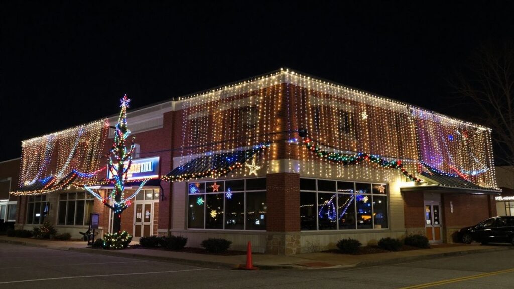 O'Fallon, IL business decorated with Christmas lights.