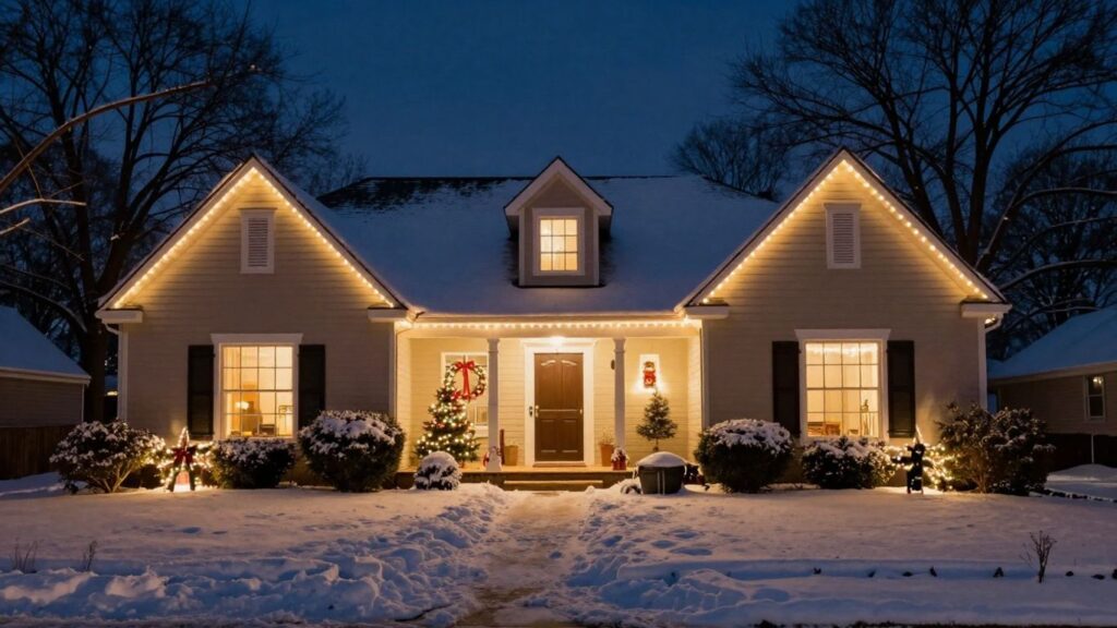 Edwardsville house decorated with Christmas lights at night