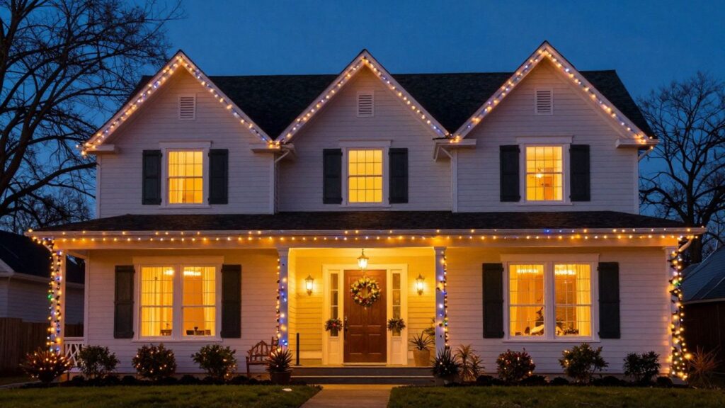 House with permanent Christmas lights glowing at dusk.