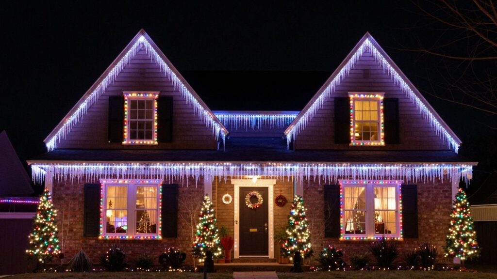Edwardsville home decorated with bright Christmas lights.