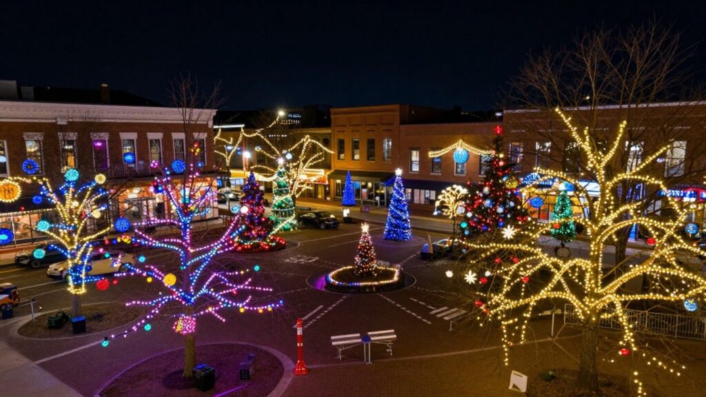 Edwardsville Christmas lights illuminate downtown square.
