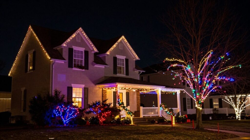 House decorated with colorful Christmas lights in Glen Carbon.