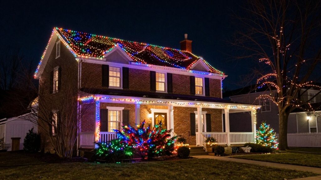 Festive house with colorful Christmas lights in Glen Carbon.