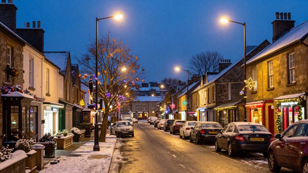 Festive Swansea street with Christmas lights and snowy rooftops.