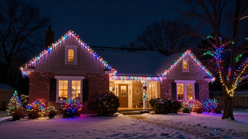 Shiloh house decorated with colorful Christmas lights at night.