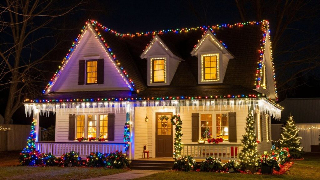 House decorated with colorful Christmas lights at night.
