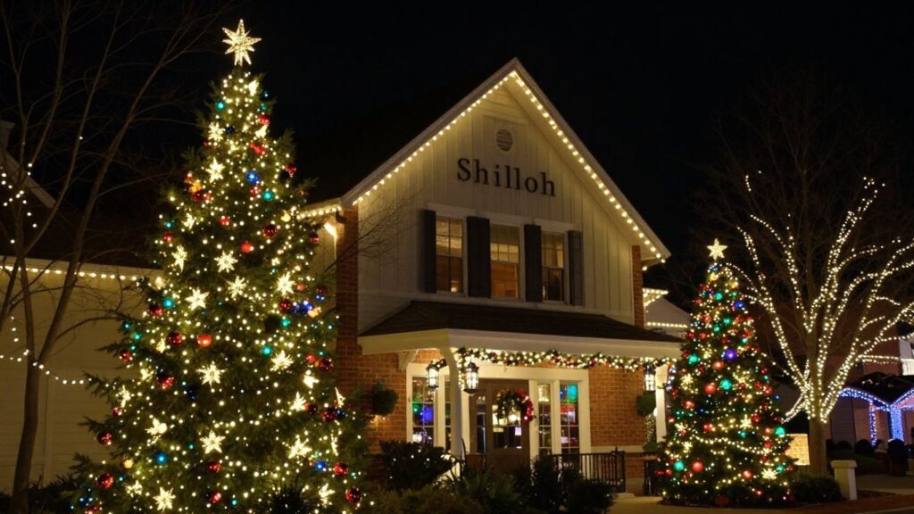 Commercial Christmas lights decorating a building and trees in Shiloh.