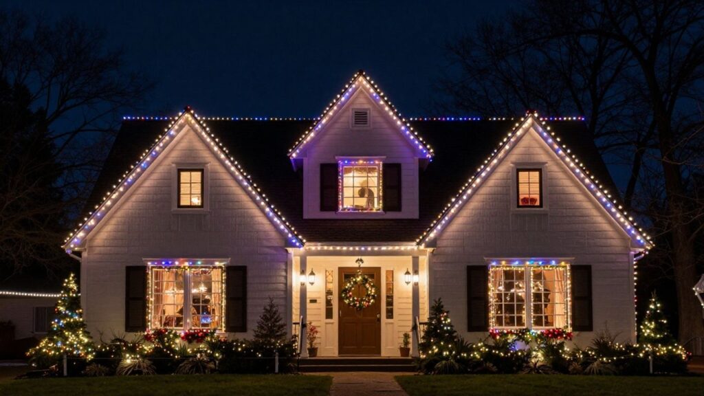 Professionally installed Christmas lights on a house exterior.