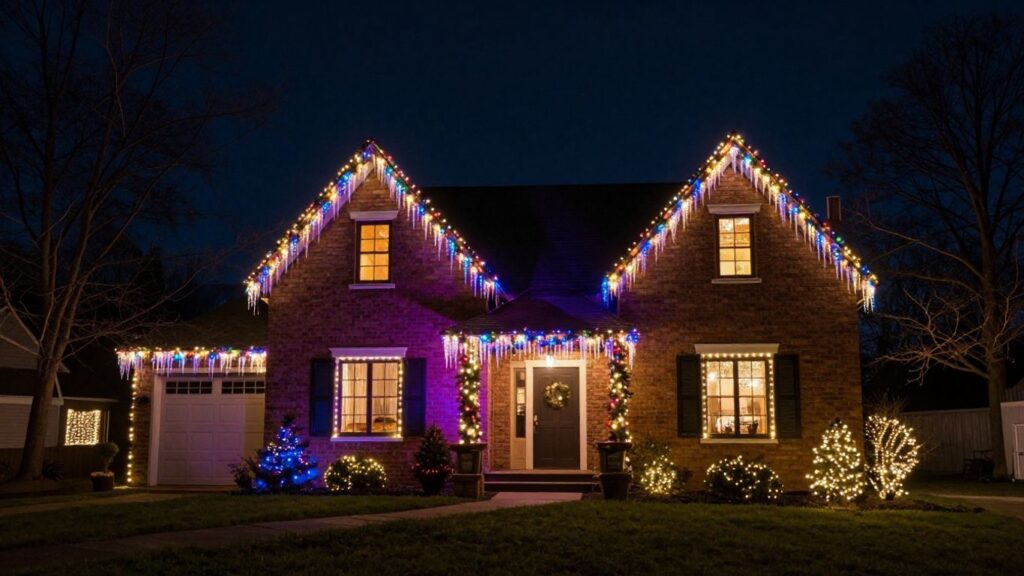 House decorated with colorful Christmas lights at night.