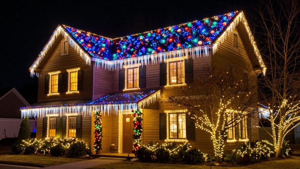Festive house with colorful Christmas lights at night.