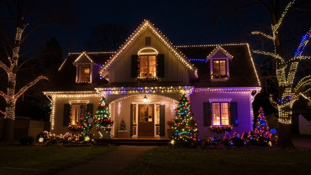 House decorated with bright, colorful Christmas lights at night.
