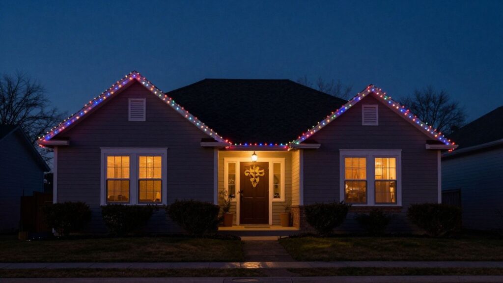 House with permanent Christmas lights.