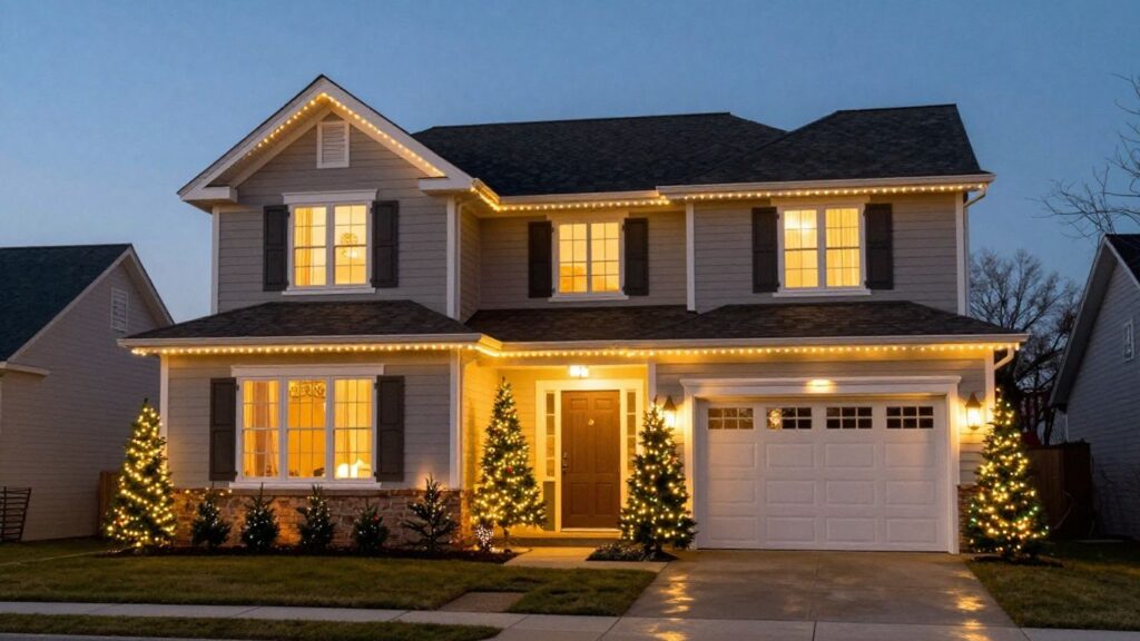 House with permanent Christmas lights in Swansea.